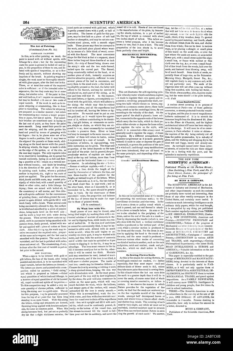 264 Scientific American. Mechanische Bewegungen. Den Regler. Kreis- und geradlinige Bewegung. Auf Aussaat Plower Samen. Die Kunst der Malerei. Glas überdachten Gassen. SCIENTIFIC AMERICAN: DURCH MUNN Az., 1847-05-08 Stockfoto