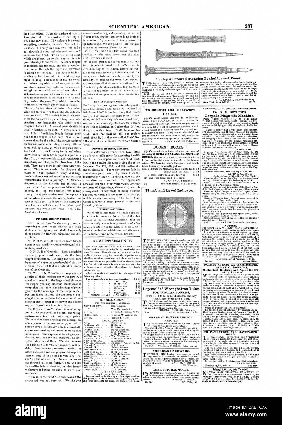 49 Scientific American. 287 Korrespondenten. Robert's Merry Museum Oliver d; Brother Drucker. Erster Band. AD agnal zu Bauherren und Hardware Händler. Bücher! Bücher! ! Plumb und Füllstandsanzeige. Lap-geschweißte Rohre WroughtIron ALLGEMEINE PATENT AGENTUR. AMERICAN HARDWARE. Wunderbare Heilung von Rheuma. Dr. S. B. SMITH'S Torpedo magnetisch Maschine. Bemerken. PATENT AGENTUR IN WASHINGTON. Aushärten Patente. Der PATENTINHABER UND HERSTELLER RERS. Gravur auf Wood's Bagley Verlängerung des Patentschutzes Stifthalter und Bleistift., 1847-05-29 Stockfoto