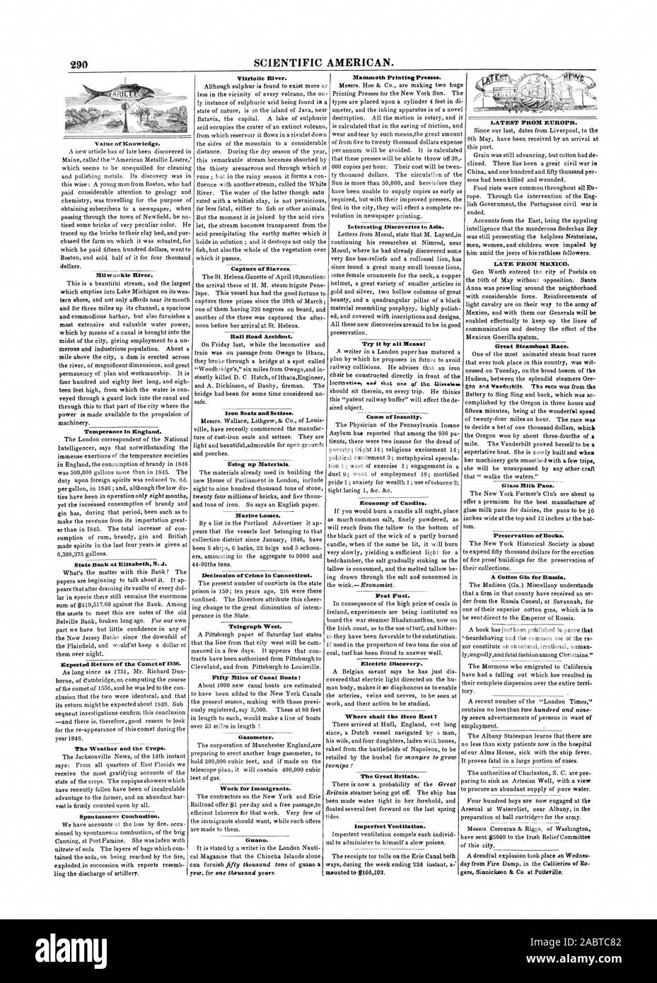 290 Scientific American. Aktuelles aus Europa. Spät aus Mexiko. Great Steamboat Race. Glas Milch Pfannen. Vitriolic River. Wert des Wissens. Clackamas River Temperance in England. State Bank in Elizabeth, New Jersey Erwartete Rendite des Kometen von 1556. Das Wetter und die Kulturen. Spontane Verbrennung. Mammut Drucken P. Interessante Entdeckungen in Asien. Versuchen Sie es durch alle Meanst Wirtschaft der Kerzen. Torf Kraftstoff. E-Discovery. Wo soll der Held Rest der Großbritannien. unvollkommene Belüftung. Erfassung von Sklavenhändlern. Rail Road Unfall. Bügeleisen Sitze und Sofas. nach oben Materialien. Marine Verluste. Deklination Stockfoto