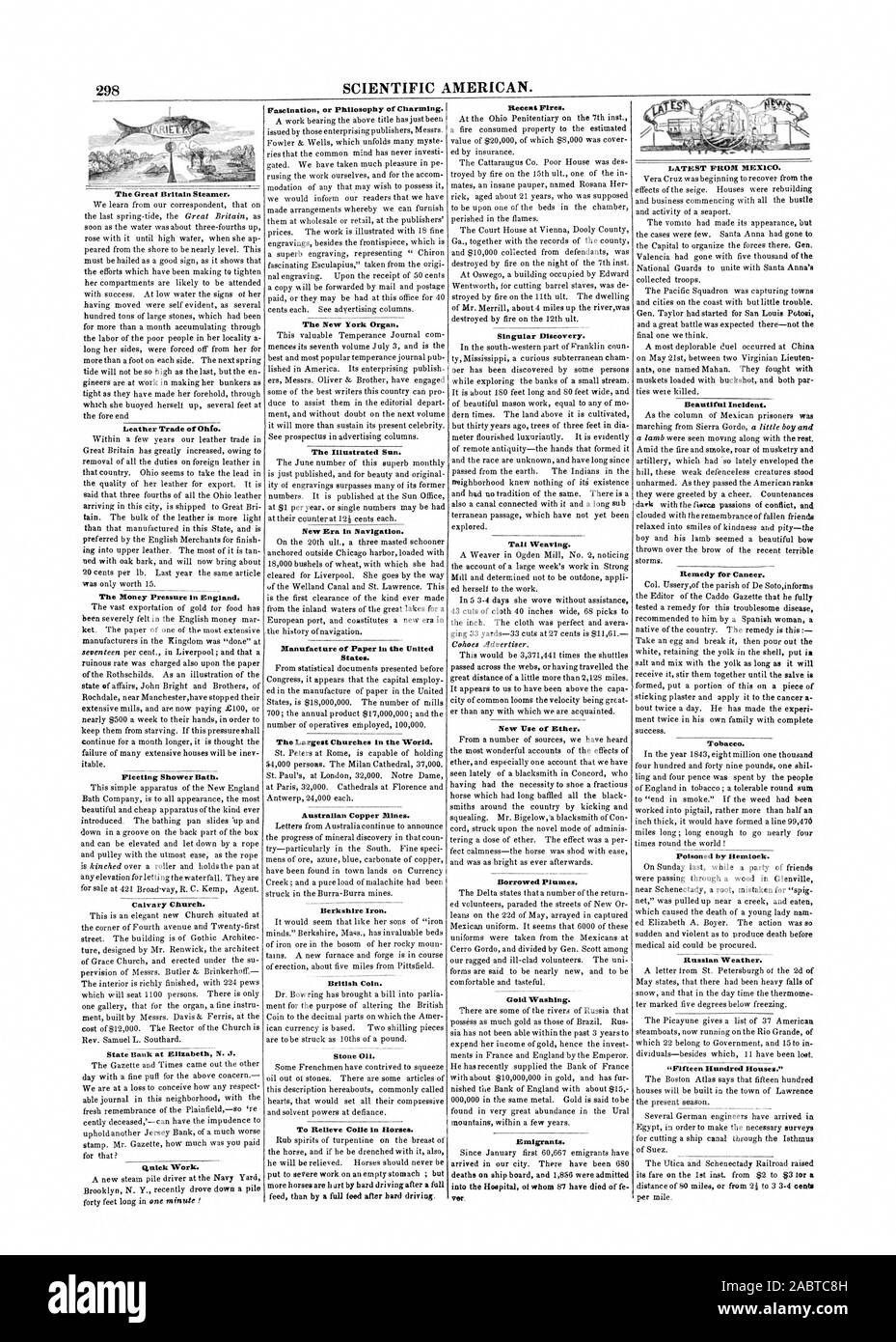 Der Großbritannien die Dampfeinheit ein. Leder Handel der Ohfo. Das Geld, das den Druck in England. Flüchtigen Dusche Badewanne. Kalvarienberg Kirche. Schnelle Arbeit. Faszination oder Philosophie der Charmant. Die New York Orgel. Der abgebildete Sun neue Ära in der Navigation. Herstellung von Papier in den Vereinigten Die größten Kirchen der Welt. Australische Kupferminen. Berkshire Eisen. Britische Münze. Stein Öl. Zu entlasten Koliken bei Pferden. Die jüngsten Brände. Einzigartige Entdeckung. Hoch das Weben. Neue Verwendung von Äther. Fremden Federn. Gold waschen. Auswanderer. Neueste aus Mexiko. Schöne Ereignis. Heilmittel für Krebs. Tabak. Von Hemlock vergiftet Stockfoto