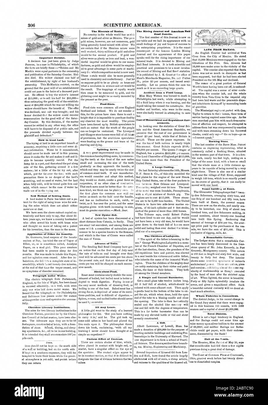306 Scientific American. Spät aus Mexiko. Rocking Stone. Schiff Gebäude bei Essex. Die Mineralien von Mexiko. Hungerrevolten. Trennen Sägen. Neue Oyster Bed. Wichtige Entscheidung. Wie Schweineschmalz behandeln. Neue Methode des Nähens Stiefel. Anwendung von Äther zum Wahnsinn. Telegraph unter Wasser. Cherokee literarischen Institutionen. Bienen. Straße Zeitung. Unfall von einem Fluid Lampe. Kosten für die Monarchische und die Republikanische reg ernments. Ein großes Casting. Die Kinder von Lafayette. Eine einfache und korrekte Barometer. Ein Geschenk. Vorauszahlung der Mautgebühren. Hinweise zu Essen. Alle können lernen. Neugierig Wirkung von Kontrast. Wal Fischerei in Connecticut Stockfoto