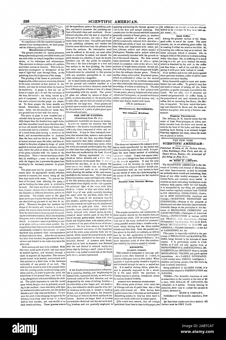 336 Scientific American. Herstellung von Linsen. Die KUNST DER MALEREI. Landschaft Gemälde an den Wänden der Zimmer. Mechanische Bewegungen. Die gemeinsame Ankerwinsch. Parallel aus kreisrunden Begriff. Quittungen. DIAMOND ZEMENT. Zement für AUSBESSERN STEINSTUFEN guten Kaffee. noiseur. Einzigartiges Phänomen. SCIENTIFIC AMERICAN: Wöchentlich bei 128 Fulton Street veröffentlicht. Durch messende di., 1847-07-10 Stockfoto