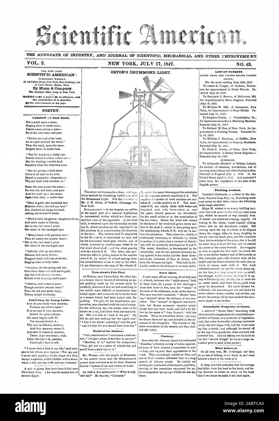 Fk625 FÜRSPRECHER DER INDUSTRIE UND JOURNAL FÜR MECHANISCHE UND ANDERE VERBESSERUNGEN. Urteil des T-Stücks SCHLECHT. Der Rest in 6 Monaten. SCIENTIFIC AMERICAN: Schalten über Fair Play. Merkmale der Rodmen. Roman Sport. Schmeichelei. Liste der Patente spannend Vorfall. Nicht glauben., 1847-07-17 Stockfoto