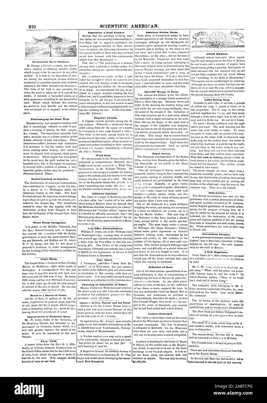 370 Scientific American. Zierpflanzen Metalloberflächen. Platinising durch den feuchten Weg. Scotch Mit freundlicher Genehmigung nach Amerika. Ocean Steam Navigation. Großer Bauernhof. Brot in ein Fass mit Mehl. Verbesserung der Orchester. Hoher Ertrag. Amerikanische Gretna Green. Splendid Mirage in Paris. Royal Jewels. Reflexion von Wärme. Schnittholz zerstört. Aus Mexiko. Arbeitssparende Seife. Desinfektion Regierung die Dampfeinheit ein. Einen neuen Regler. Erleben Sie ein guter Lehrer. Einzigartige Custom. ICditorial Höflichkeit. Post Unterschlagung. Münze Chart. Charmante, die beim Einatmen von Äther. Ähnlichkeit von General Taylor und sein Pferd. . Haben zum zurück Stockfoto