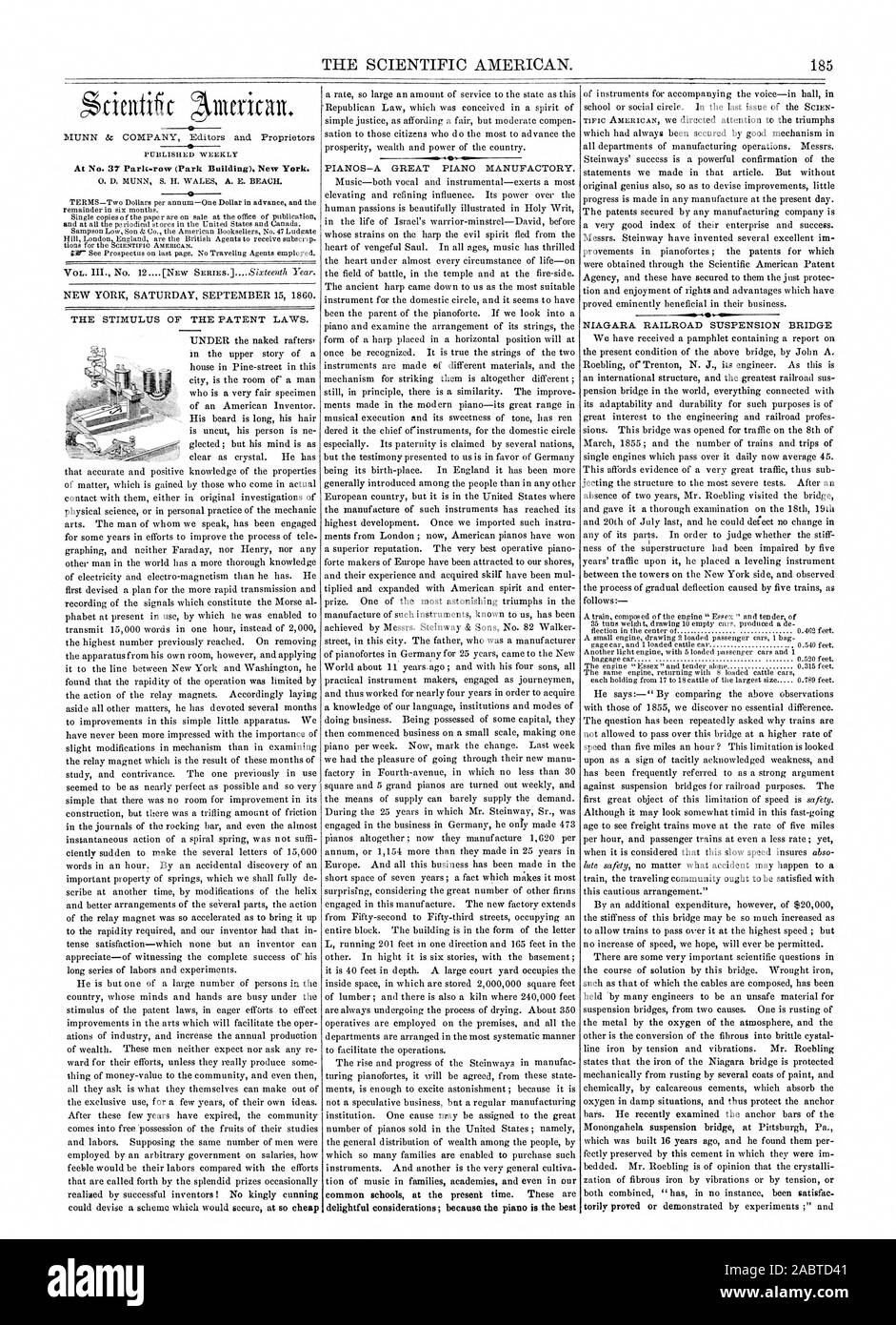Der Scientific American. 185 MUNN & UNTERNEHMEN Herausgeber und Eigentümer veröffentlicht wöchentlich an Nr. 37 Park-Reihe (Park Gebäude) New York. Der REIZ DER PATENTGESETZE., 1860-09-15 Stockfoto