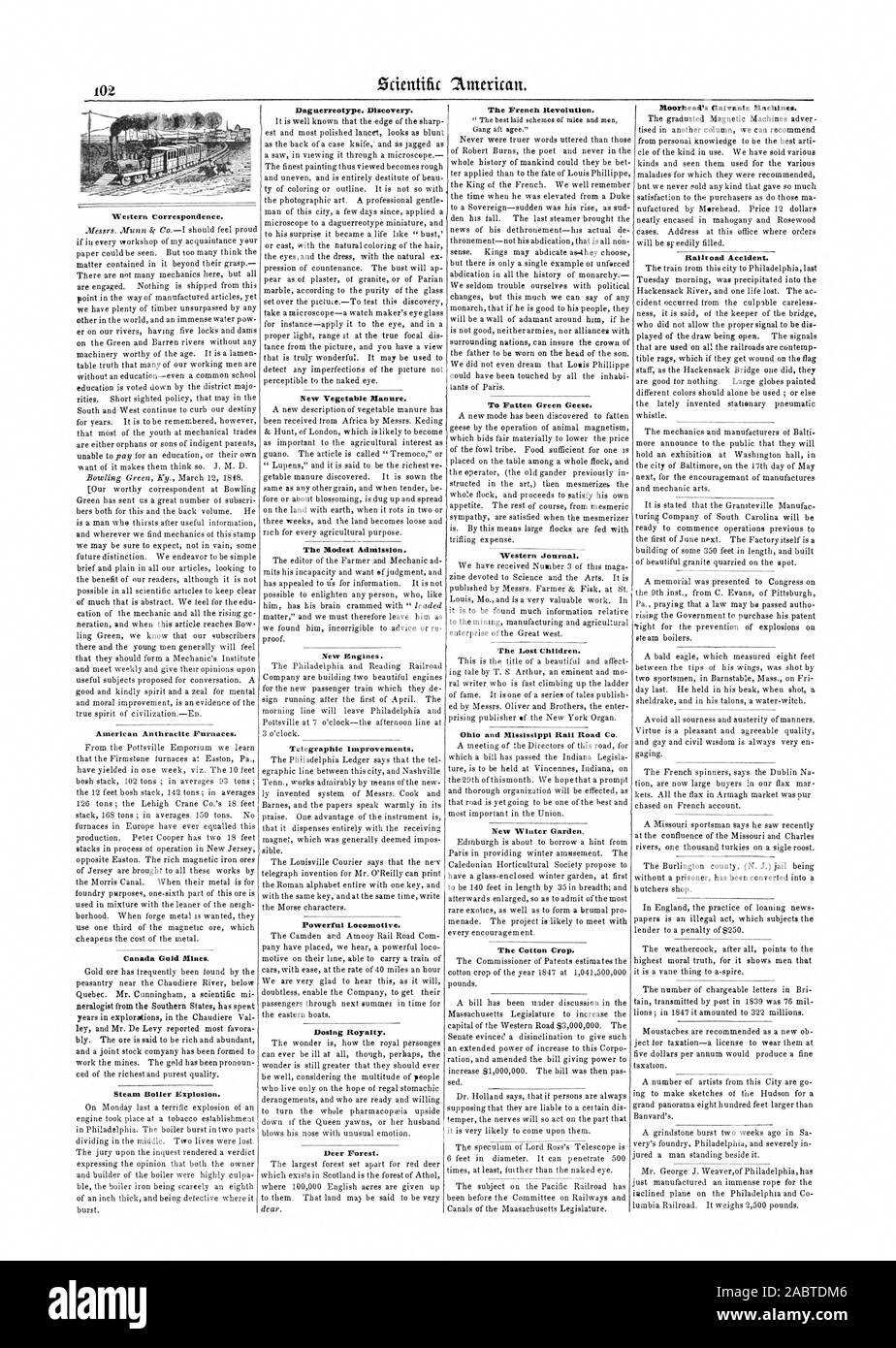 Western Korrespondenz. Kanada Geld Minen. Dampfkessel Explosion. Daguerreotypie. Entdeckung. Neue pflanzliche Dünger. Die bescheidenen Eintritt. Telegrafische Verbesserungen. Leistungsstarke Lokomotive. Dosierung Lizenzgebühren. Deer Wald. Die Französische Revolution. Zu mästen, Grün Gänse. Western Journal. Die verlorenen Kinder. Ohio und Mississippi Rail Road Co neuen Wintergarten. Die Baumwollernte. Von Moorhead galvanische Maschinen. Eisenbahn Unfall., Scientific American, 1848-03-25 Stockfoto