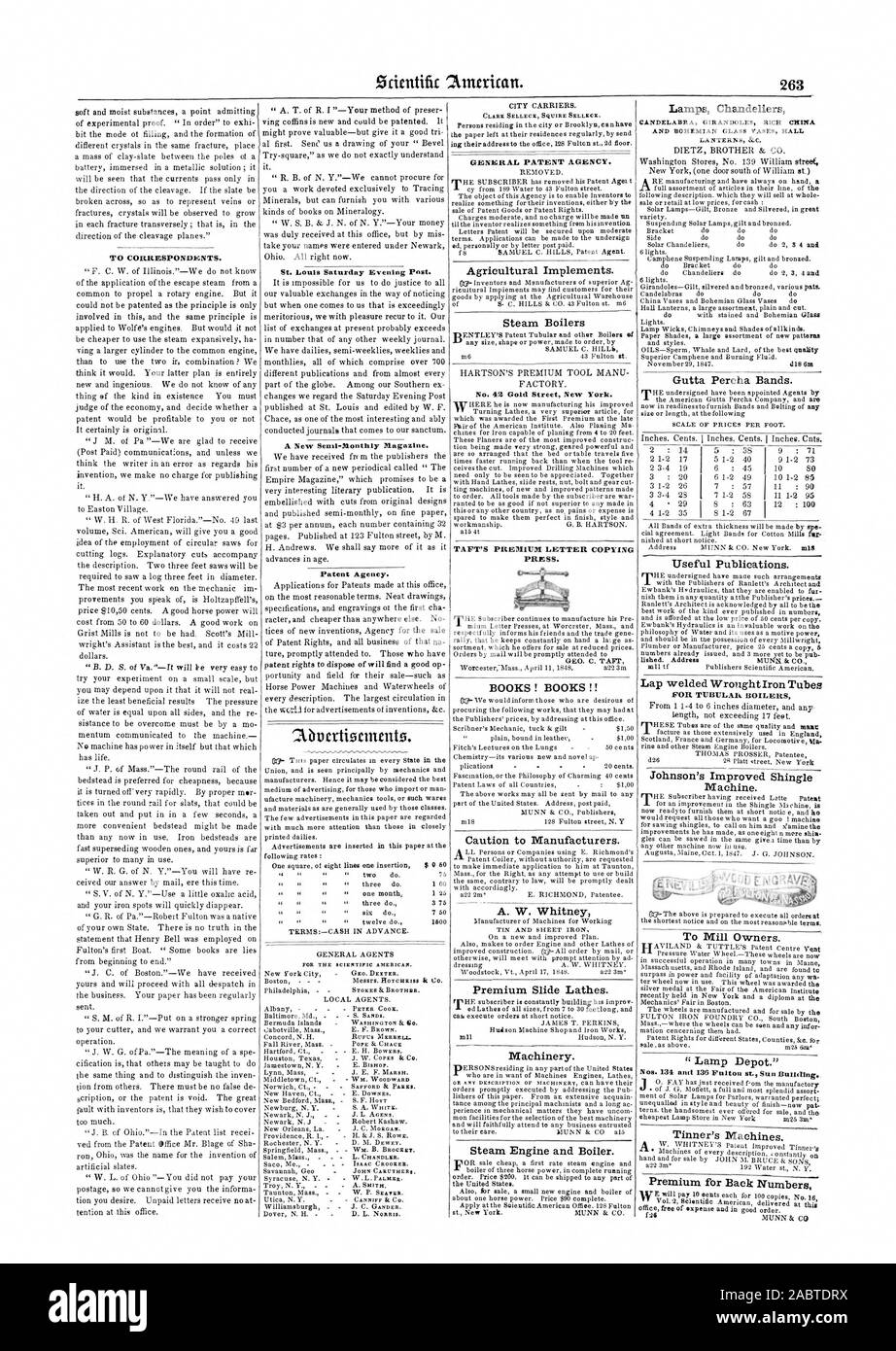 J.W.COPES & Co. WM. WOODWARD SAFFORD & PARES. ISAAC CROOHER. JOHN CARUTHERs W CANNIFF & Co. CLARK SELLECIE SQUIRE SELLECE. Allgemeine PATENT AGENTUR. Landwirtschaftliche Geräte. Dampfkessel Nr. 42 Gold Street New York. Der TAFT PREMIUM SCHREIBEN KOPIEREN DRÜCKEN. Bücher! Bücher Vorsicht an die Hersteller. A.W. Whitney ZINN UND BLECH Premium Folie Drehmaschinen. Maschinen. Dampfmaschine und Kessel. Lampen Leuchter KANDELABER GIRANDOLES REICHE CHINA UND böhmisches Glas VASEN HALLE Gutta Percha Bands. Maßstab DER PREISE PRO FUSS. Nützliche Publikationen. Runde geschweißte Schmiedeeiserne Röhren für RÖHRENFÖRMIGE KESSEL Johnson's Verbessert Stockfoto