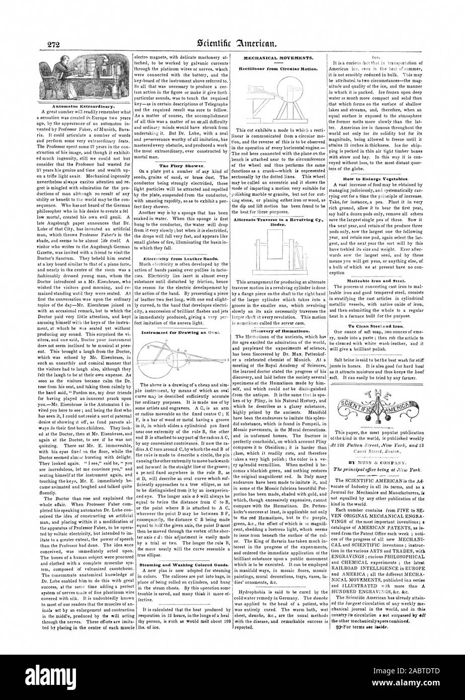 Automat außergewöhnlich. Instrument für die Zeichnung ein Oval. Dampfen und Waschen gefärbt waren. Mechanische Bewegungen. Aus kreisförmigen Bewegung geradlinig. Alternative Verfahren In einem Revolvierenden Cy. Unter. Entdeckung der Heentatinon. Lee. Temperguss und Stahl. Zum Reinigen von Stahl und Eisen. Die Feurige Dusche. Strom aus Leder Bänder., Scientific American, 1848-05-13 Stockfoto