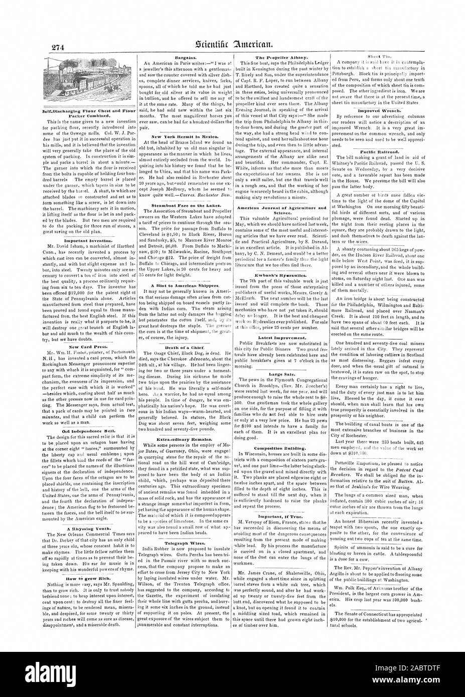 Self-Discharging Mehl Brust und Mehl Packer kombiniert. Wichtige Erfindung. Neue Karte drücken. Ord Unabhängigkeit Bell. Eine gereimte Jugend. flow Reich zu werden. Schnäppchen. New York Einsiedler in Plexico. Steamboat Fahrpreis auf den Seen. Ein Hinweis zu den amerikanischen Verlader. Tod eines Chief. Rdinary estra 4 bleibt. Fernschreiber Drähte. Der Propeller Albany. American Journal der Landwirtschaft und der neuesten Verbesserungen. Großer Verkauf. Zusammensetzung Gebäude. Wichtig Wenn wahr. Blatt Zinn. Verbesserte Schraubenschlüssel. Pacific Railroad., Scientific American, 1848-05-20 Stockfoto