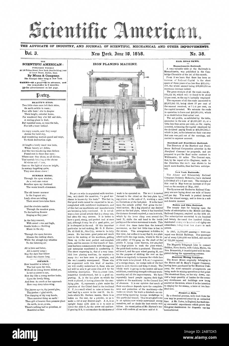 Dentifit DER ANWALT DER INDUSTRIE UND JOURNAL FÜR MECHANISCHE UND ANDERE VERBESSERUNGEN. Nr. 39. RAIL ROAD NEWS. SCIENTIFIC AMERICAN: Durch Munn & Company. Agb --.12 ein Jahr - 1 $ im Voraus und der Rest lii 6 Monate. Der Schönheit der Augen. Sommer Musik. Kinderschuhen. Massachusetts Eisenbahn. Hartford und Vorsehung Eisenbahn. Mobile und Ohio Railroad. Montreal Mining Company. Dauermilch., 1848-06-10 Stockfoto