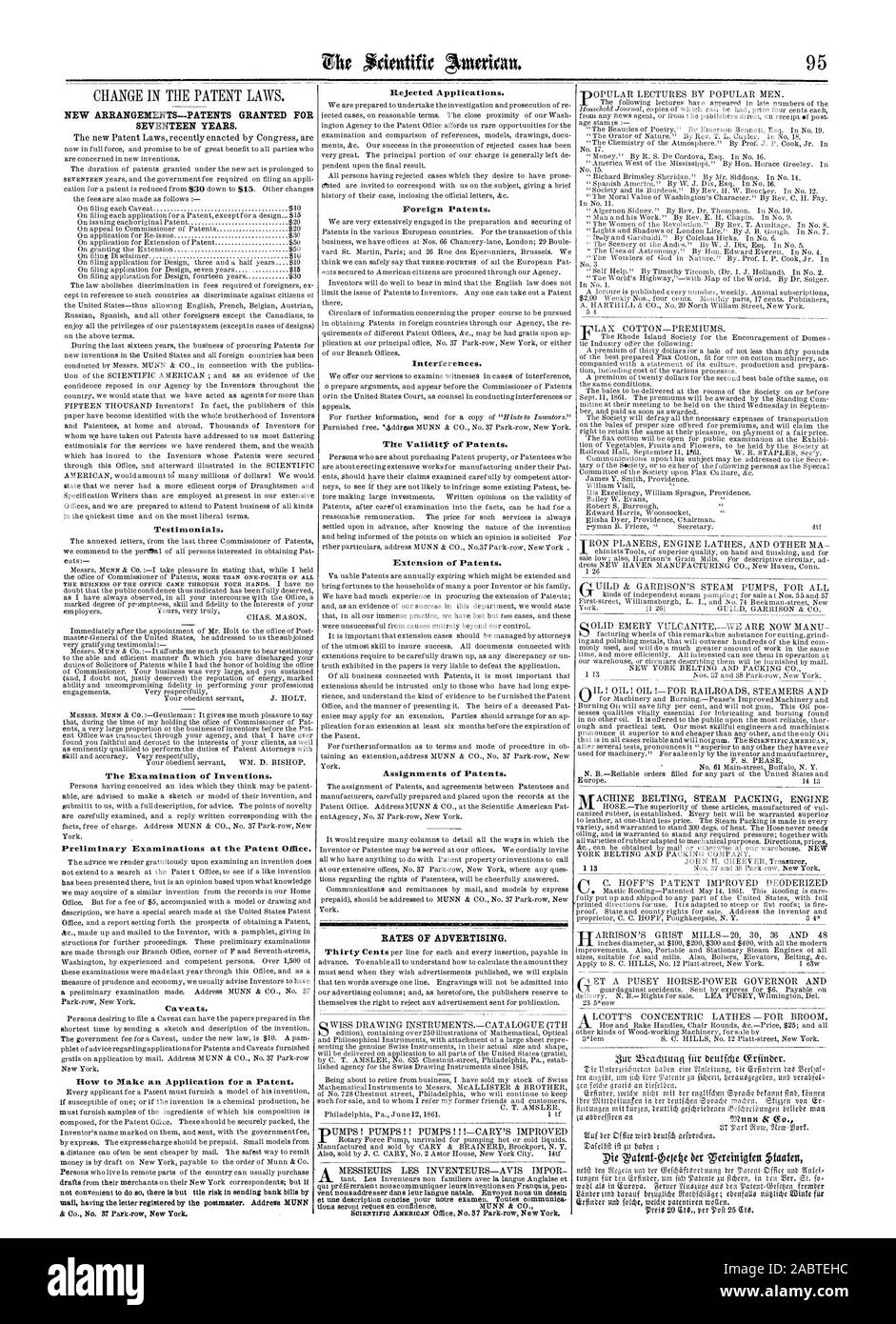Testimonials. Die Prüfung von Erfindungen. Einleitende Prüfungen des Patentamts. Vorbehalte. Wie Sie eine Anmeldung für ein Patent. Abgelehnte Anträge. Ausländische Patente. Störungen. Die ValiditV von Patenten. Zuweisungen von Patenten. Neue Regelung - PATENTE FÜR 17 JAHRE GEWÄHRT., Scientific American, 1861-08-10 Stockfoto