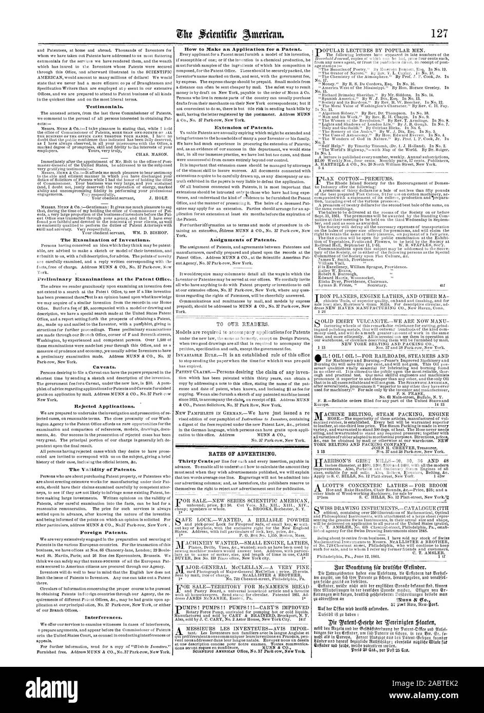 Die ofcittltifir 127 Referenzen. Die Prüfung von Erfindungen. Einleitende Prüfungen des Patentamts. Vorbehalte. Abgelehnte Anträge. Die Gültigkeit von Patenten. Ausländische Patente. Störungen. Wie Sie eine Anmeldung für ein Patent. Verlängerung der Patente. Zuweisungen von Patenten. Für unsere Leser. Preise der Werbung., Scientific American, 1861-08-24 Stockfoto