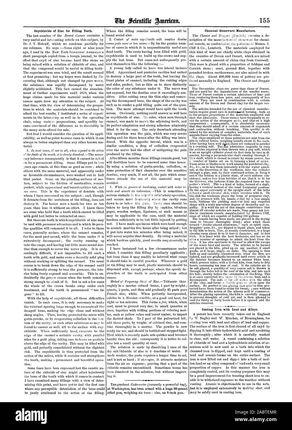 Nach dem es sorgfältig gewaschen ist senious Säure wird nun als eine Badewanne, in die das gereinigte Bügeleisen getaucht wird und bis eine Beschichtung von Blei und Arsen Formen auf der gesamten Fläche gehalten werden. Das Bügeleisen ist jetzt ausgehoben und eingetaucht in ein Bad von Mol zehn führen oder eine Legierung aus Blei und einen sehr geringen Anteil von Kupfer. Auf diese Art und Weise das Bügeleisen ist vollständig beschichtet und für Bedachungen Zwecke ist dies eine gute Verbesserung für die Behandlung von Eisenblech en in der Lage, Sie durch das Wetter ohne Rost standhalten. Arsen ist abstoßend, in den Künsten, Scientific American, 1861-09-07 Stockfoto