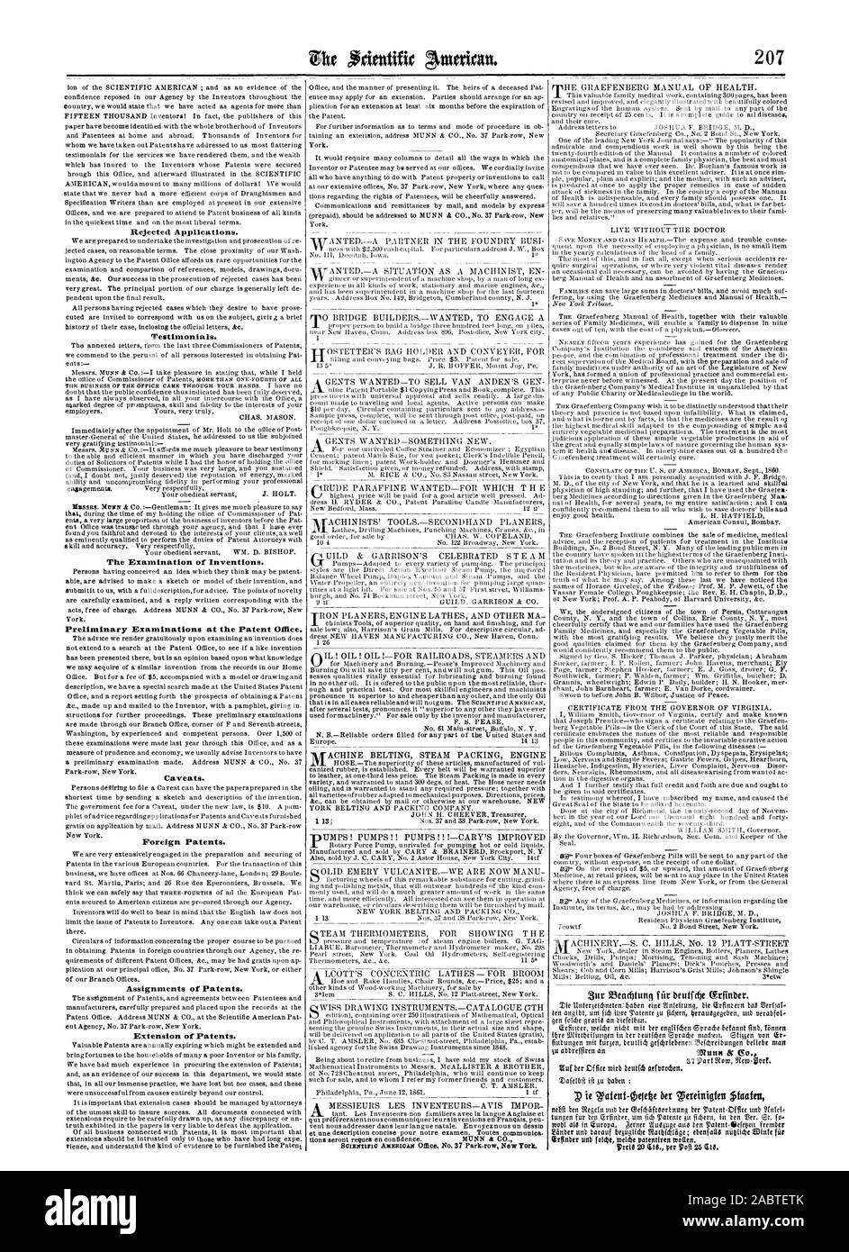 Abgelehnte Anträge. Testimonials. Die Prüfung von Erfindungen. Einleitende Prüfungen des Patentamts. Vorbehalte. Ausländische Patente. Zuweisungen von Patenten. Verlängerung der Patente. Sur tifeacbtung Fell beuffcbe grfinber., Scientific American, 1861-09-28 Stockfoto