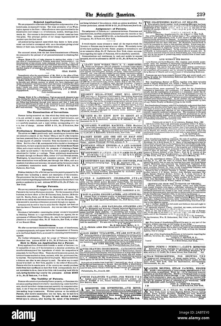 Abgelehnte Anträge. Die Prüfung von Erfindungen. Vorläufig. Examinatiomkat des Patentamts. Vorbehalte. Ausländische Patente. Störungen. Wie Sie eine Anmeldung für ein Patent. Die Gültigkeit von Patenten. Zuweisungen von Patenten., Scientific American, 1861-10-12 Stockfoto