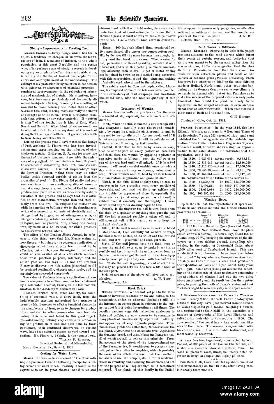 Fleury der Verbesserungen bei der Behandlung von Eisen. Beschichtung für Wasserleitungen. Behandlung von Wunden. Schwarz Trinken. Sandstürme in Kalifornien. Walfang Nachrichten. , Scientific American, 1861-10-26 Stockfoto
