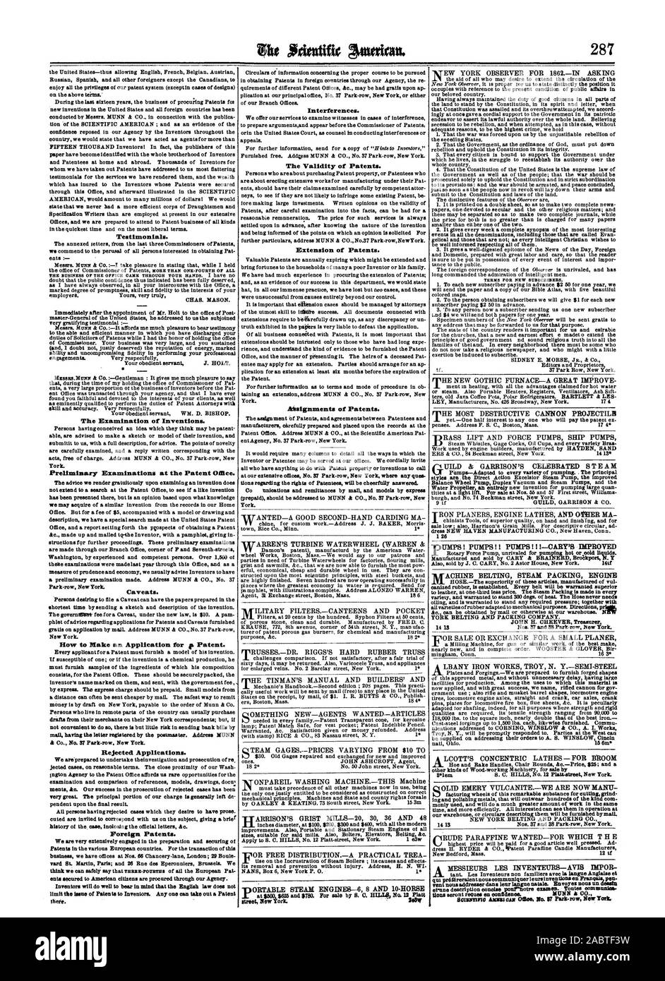 Testimonials. Die Prüfung von Erfindungen. Einleitende Prüfungen des Patentamts. Vorbehalte. Ausländische Patente. Störungen. Die Gültigkeit von Patenten. Verlängerung der Patente. dialgnments von Patenten. YORK BELTING UND VERPACKUNG UNTERNEHMEN. JOHN CHEEVER Schatzmeister, Scientific American, 1861-11-02 Stockfoto