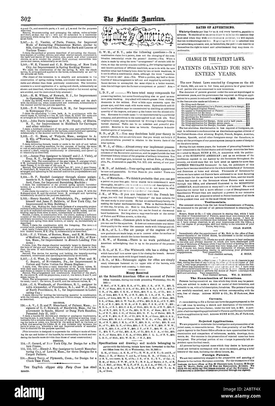 Preise der Werbung. Testimonials. Die Prüfung von Erfindungen. Vorbehalte. Abgelehnte Anträge. Ausländische Patente., Scientific American, 1861-11-09 Stockfoto