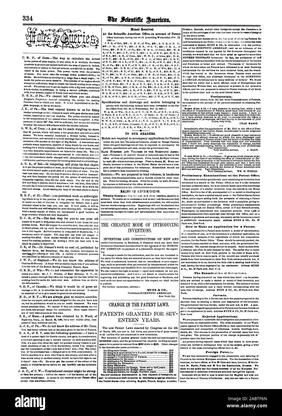 Einleitende Prüfungen des Patentamts. Vorbehalte. Abgelehnte Anträge. Ausländische Patente. Auf Fliesen Disclaimer $ 10 in den Vereinigten Staaten - so dass Englisch Französisch Belgisch. Österreichische, Scientific American, 1861-11-23 Stockfoto