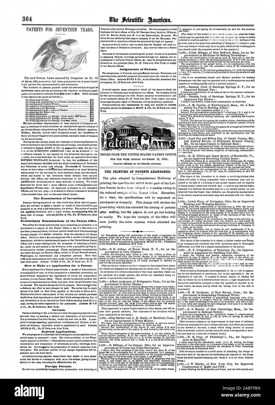 Die Prüfung von Erfindungen. Einleitende Prüfungen des Patents (Mäusen. Wie Sie eine Anmeldung für ein Patent. Abgelehnte Anträge. Ausländische Patente. Zuweisungen von Patenten. Der DRUCK DER PATENTE AUFGEGEBEN., Scientific American, 1861-12-11 Stockfoto