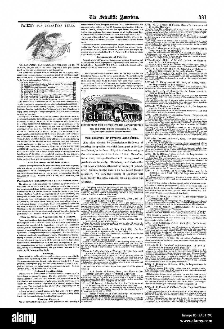 Die Prüfung von Erfindungen. Einleitende Prüfungen des Patentamts. Vorbehalte. Abgelehnte Anträge. Ausländische Patente. Zuweisungen von Patenten. Der DRUCK DER PATENTE AUFGEGEBEN., Scientific American, 1861-12-14 Stockfoto