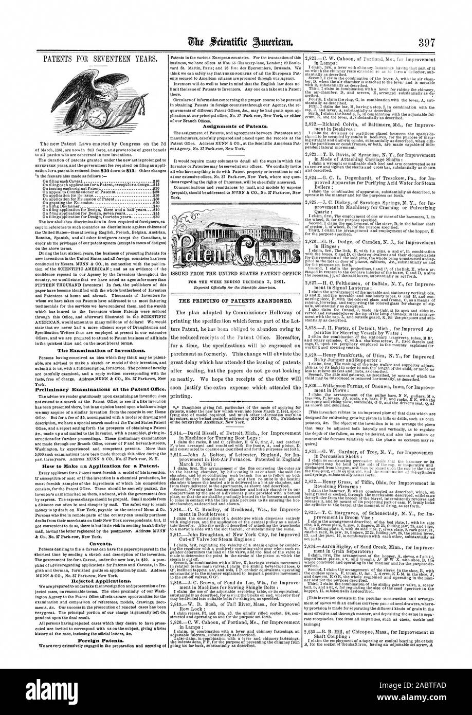 Die Prüfung von Erfindungen. Einleitende Prüfungen des Patents° Bice. Zeile eine Anmeldung für ein Patent zu machen. Vorbehalte. Abgelehnte Anträge. Ausländische Patente. Zuweisungen von Patenten., Scientific American, 1861-12-21 Stockfoto