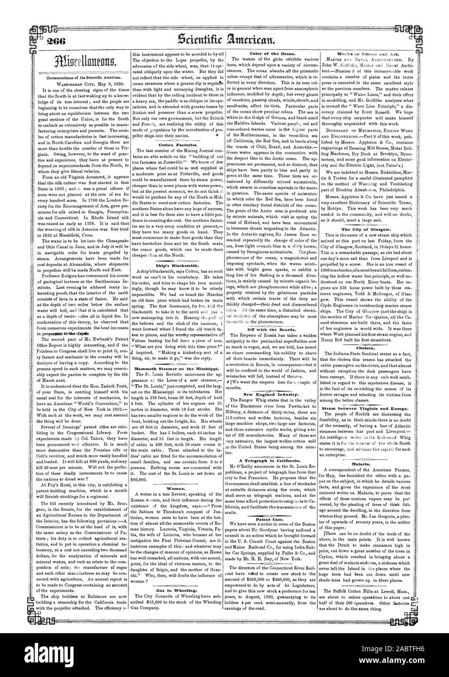 Die Farbe des Ozeans. Arbeiten im Bereich der Wissenschaft und A. rt. Baumwolle Fabriken. Die Stadt Glasgow. Das Schiff ist in Schmied. Mammut Raddampfer auf dem Mississippi. Weg mit den Bärten. Cholera. New England Industrie. Dampf zwischen Virginia und Europa. Ein Fernschreiber zu Kalifornien. Malaria. Eine Frau. Patent. Gas in Wheeling., Scientific American, 1850-05-11 Stockfoto