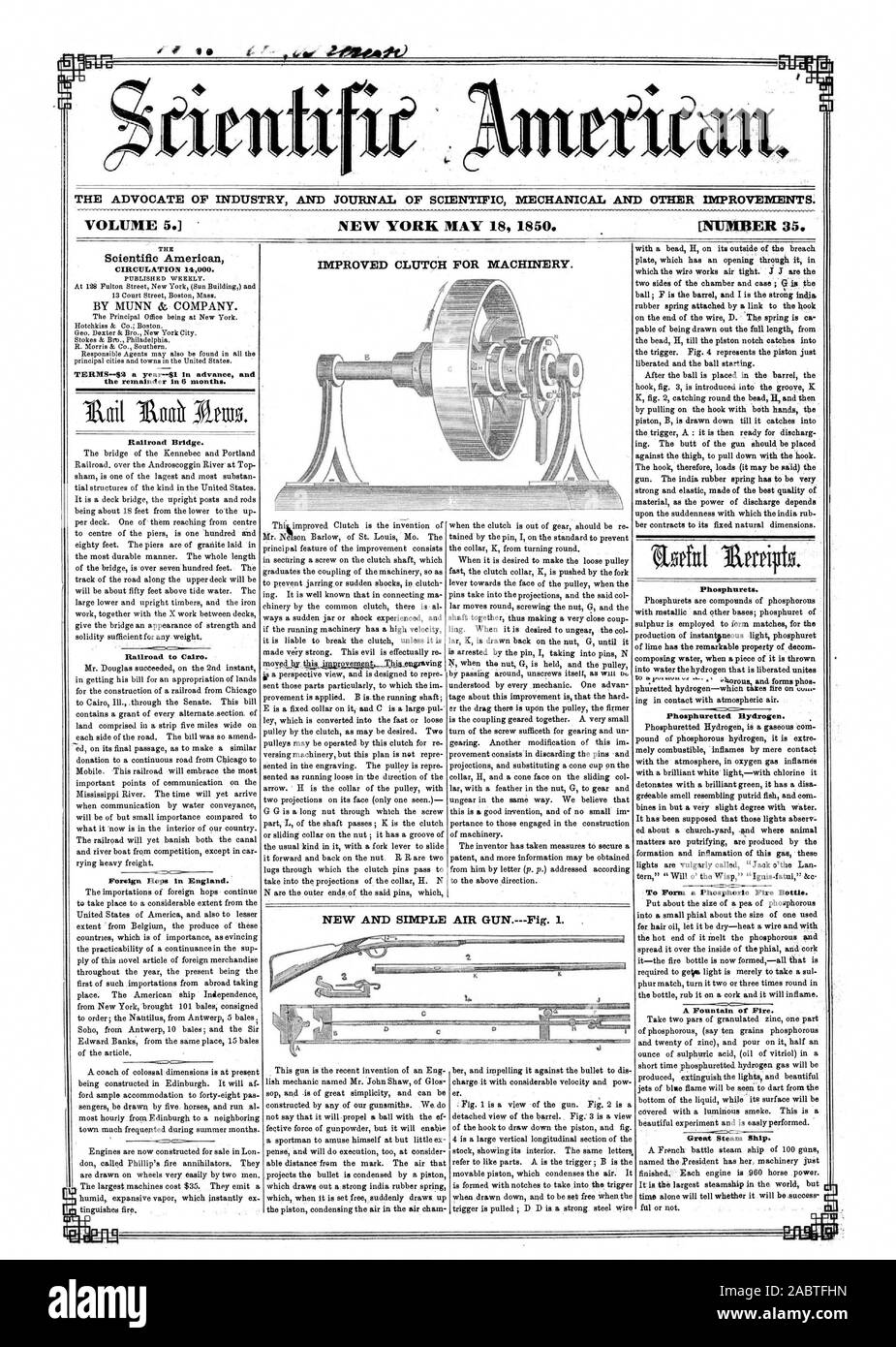 Der ANWALT DER INDUSTRIE UND JOURNAL FÜR MECHANISCHE UND ANDERE VERBESSERUNGEN. Band 5.) NEW YORK, 18. Mai 1850. [Nummer 35. Verbesserte KUPPLUNG FÜR MASCHINEN. Scientific American AUFLAGE 14000. Agb - 2 $ pro Jahr-101 im Voraus, und der Rest in 6 Monaten. Railroad Bridge. Eisenbahn nach Kairo. Ausländische Hopfen in England. Phosphurets. Phosphuretted Wasserstoff. Zu einer Phosphorsäure Brand Flasche. Eine Quelle des Feuers. Neue UND EINFACHE DRUCKLUFTPISTOLE. 1., 1850-05-18 Stockfoto