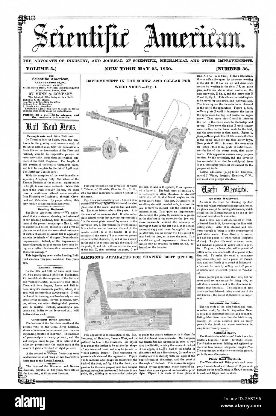 Der ANWALT DER INDUSTRIE UND JOURNAL FÜR MECHANISCHE UND ANDERE VERBESSERUNGEN. Band 5. [Nummer 36. Verbesserung DER SCHRAUBE UND KRAGEN FÜR HOLZ LASTERN. Abb. 1. Scientific American AUFLAGE 14000. TER 1 IST-42 ein Jahr - $ 1 im voraus, und der Rest in 6 Monaten. Pennsylvania und Ohio Railroad. Lesen Eisenbahn. Eisenbahn Jubiläum. Connecticut River Railroad. Zu übertünchen. Ersatz für Kaffee. Kunstschnee. Plank Road Dividende. SAMPSON DER APPARATE UND GERÄTE FÜR DIE FORMGEBUNG BOOT OBERTEIL., 1850-05-25 Stockfoto