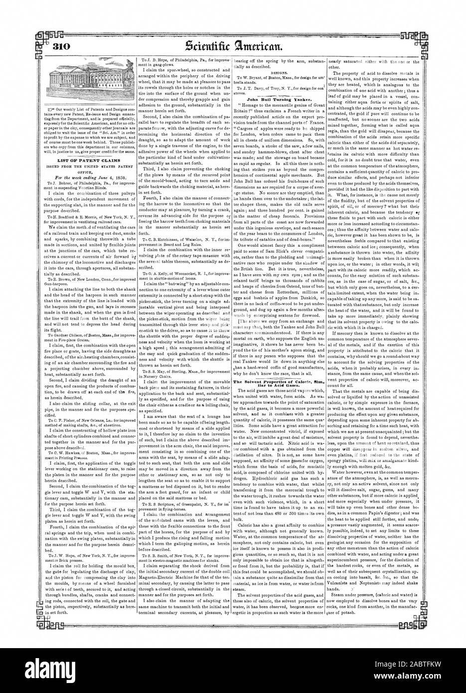 Liste der PATENTANSPRÜCHE John Bull drehen Yankee. Die Lösungsmitteleigenschaften von kalorienverbrauch Sim. Lügner zu sauren Gasen., Scientific American, 1850-06-15 Stockfoto