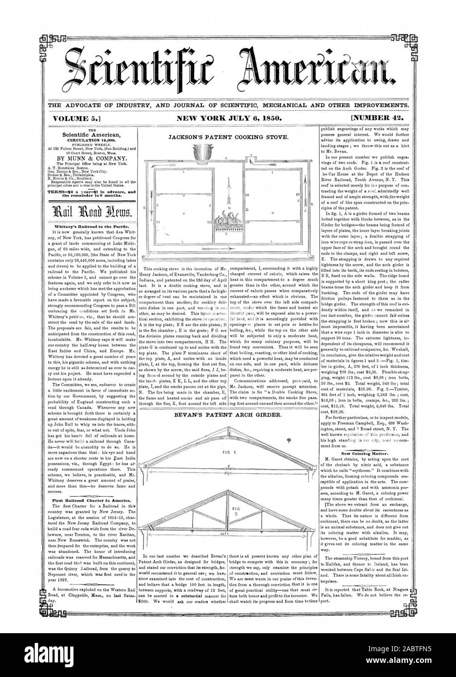 Der ANWALT DER INDUSTRIE UND JOURNAL FÜR MECHANISCHE UND ANDERE VERBESSERUNGEN. [Nummer 42. NEW YORK VOM 6. JULI 1850. Band 5. JACKSON'S PATENT HERD. Scientific American AUFLAGE 14000. Durch MUNN & Company. Begriffe-62 ein Jahr-61 im Voraus Mitte der Rest in 6 Monaten. Whitney's Eisenbahn in den Pazifik. Erste Eisenbahn Charter in Amerika. Neue Farbmittel. BEVAN'S PATENT ARCH GIRDER. Abb. I Er, 1850-07-06 Stockfoto