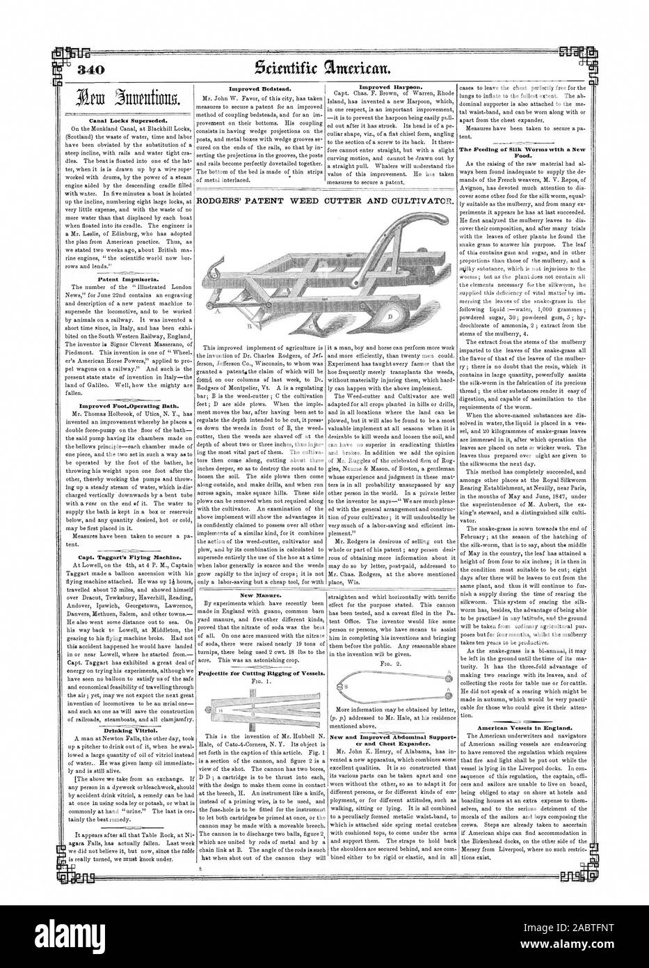 340 Verbesserte Bettgestell. Verbesserte Harpune. RODGERS' PATENT UNKRAUT CUTTER UND GRUBBER. Canal Locks abgelöst. Patent impulsoria. Verbesserte Foot-Operating Badewanne. Kapitän Taggares Flugmaschine. Trinken Vitriol. Krieg! Aufsatz neue Dünger. Geschoss für die takelage von Schiffen. Neue und verbesserte Abdominal- Halterung er und Brust Expander. Die Fütterung von Seidenraupen mit eine neue Nahrung. Amerikanische Schiffe in England, Scientific American, 1850-07-13 Stockfoto