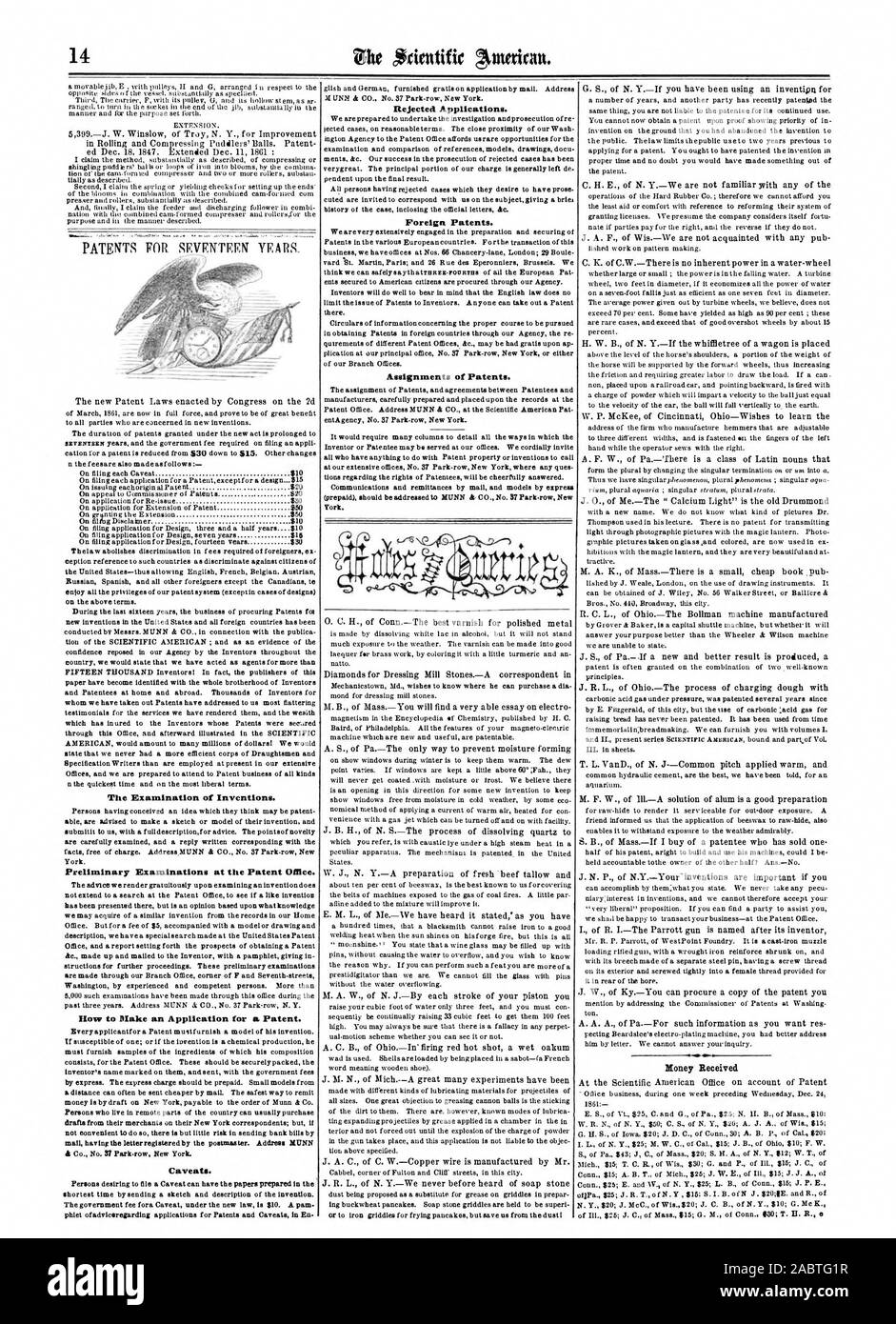 Die Prüfung von Erfindungen. Einleitende Prüfungen des Patentamts. Wie Sie eine Anmeldung für ein Patent. Vorbehalte. Abgelehnte Anträge. Ausländische Patente. Zuweisungen von Patenten., Scientific American, 1862-01-04 Stockfoto