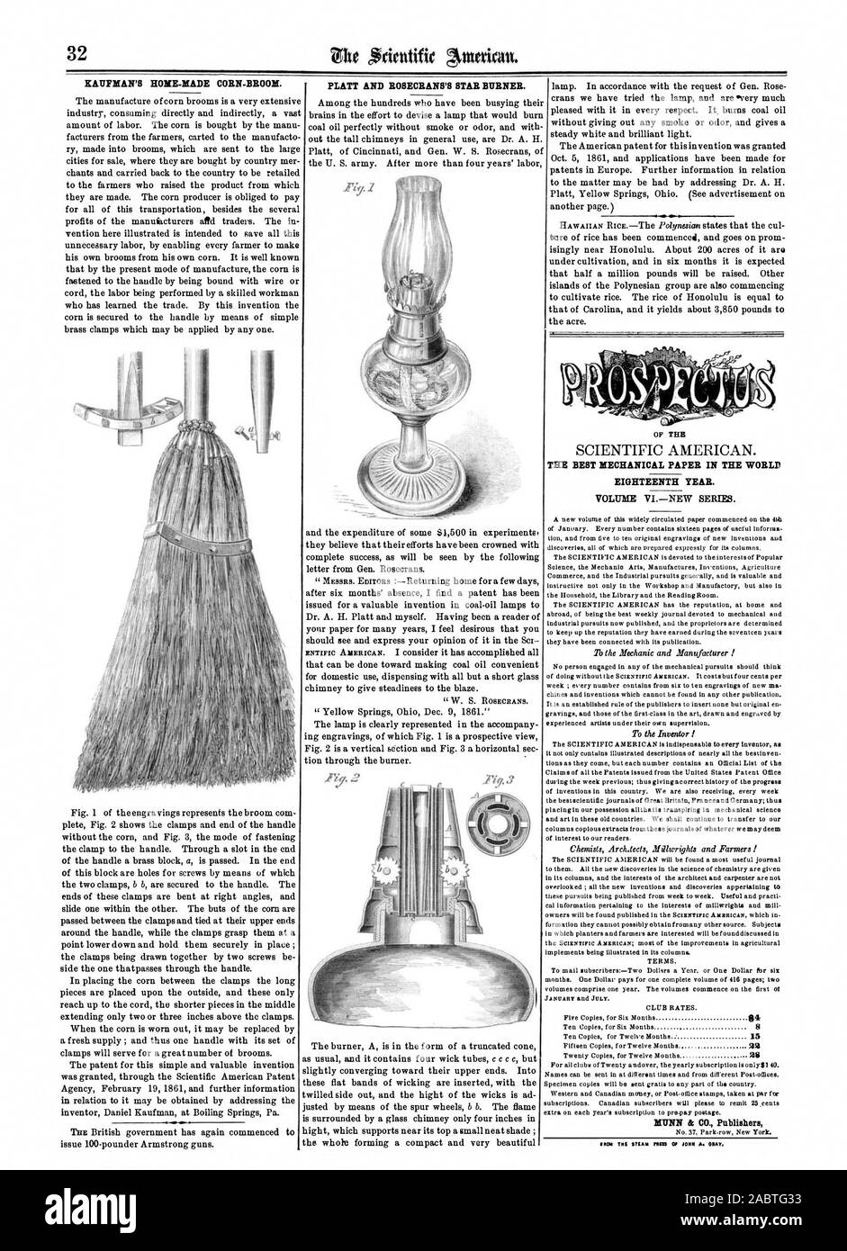 KAUFMAN'S HOME-MADE MAIS - Besen. PLATT UND ROSECRANS STAR BRENNER. Das beste mechanische PAPIER DER WELT achtzehnten Jahr. Band VINEW SERUM. MUNN & Co Publishers' NOM die ItEAM 55535 OP JOHN A. CRAY., Scientific American, 1862-01-11 Stockfoto