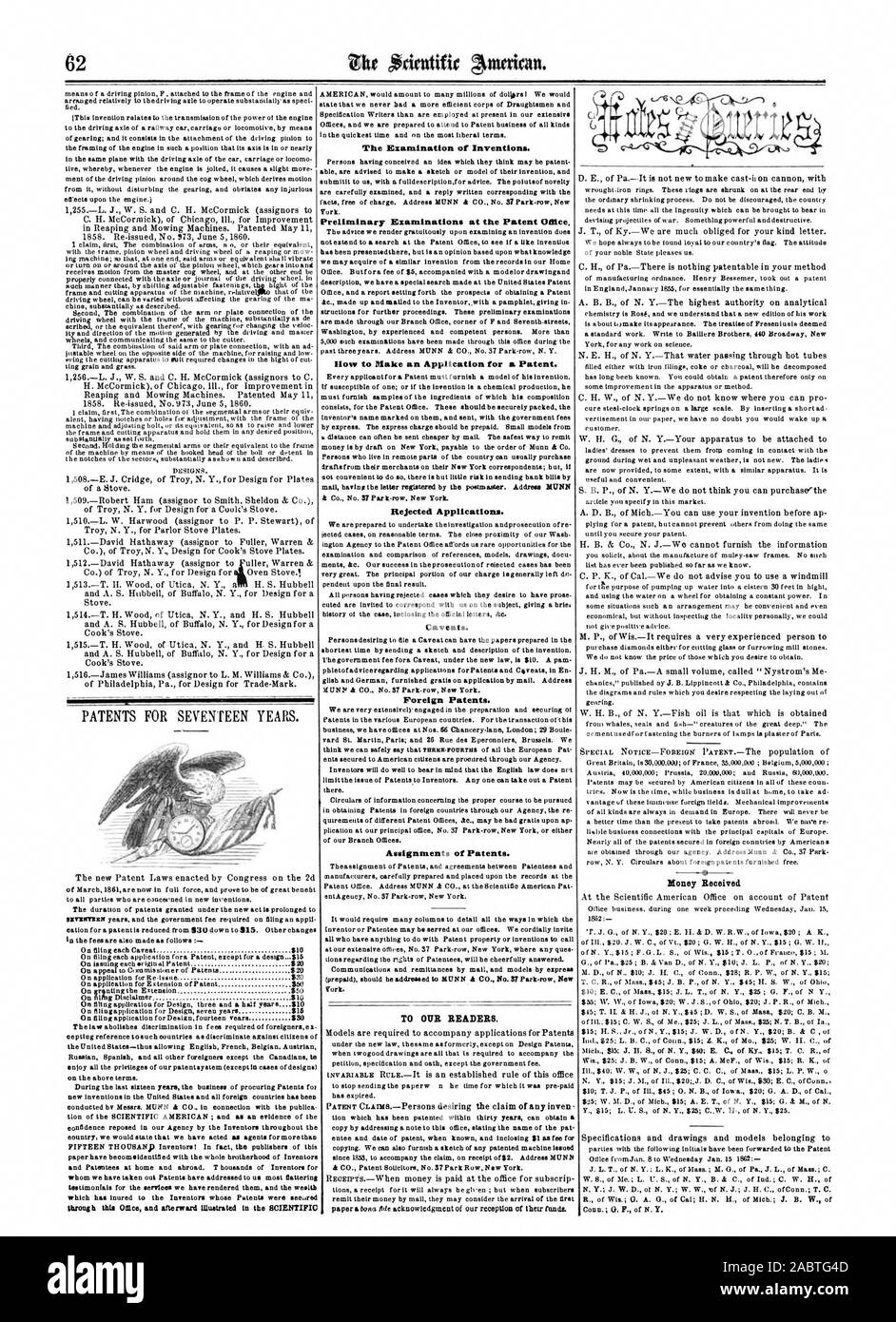 62 Zlit Fastenzeit & nitreican. Durch diese 05 lca und danach illustriert In der wissenschaftlichen Prüfung von Erfindungen. Die Voruntersuchungen im Patentamt Abgelehnt. Vorbehalte. Ausländische Patente. Zuweisungen von Patenten. Zu unseren Lesern. eustomer. Geld erhielt, Scientific American, 1862-01-25 Stockfoto