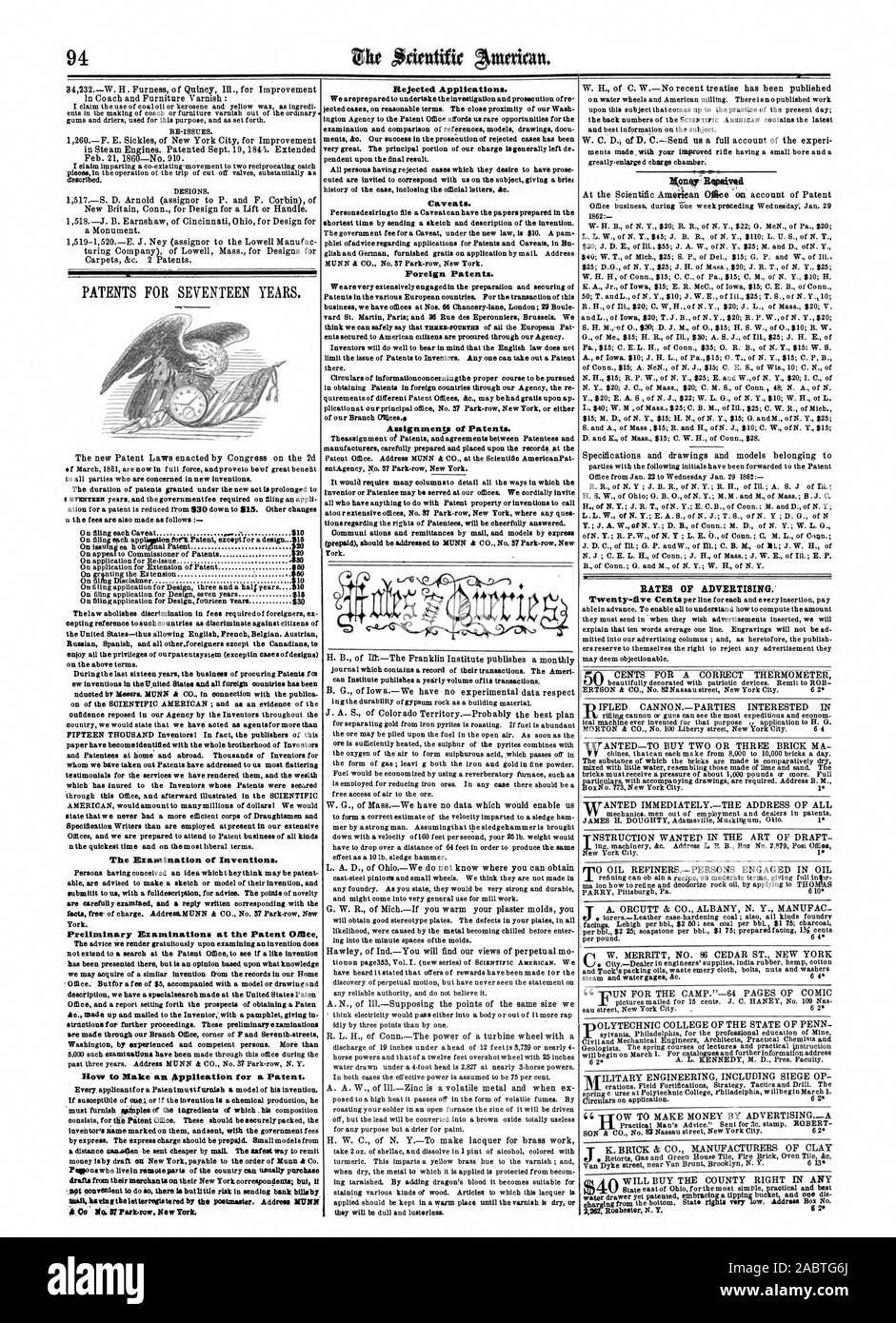 Die Prüfung von Erfindungen. Einleitende Prüfungen des Patents° Mee, wie Sie eine Anmeldung für ein Patent. Abgelehnte Anträge. Vorbehalte. Ausländische Patente. Zuweisungen von Patenten. likoner & verzichtet PREISE DER WERBUNG.", Scientific American, 1862-02-08 Stockfoto
