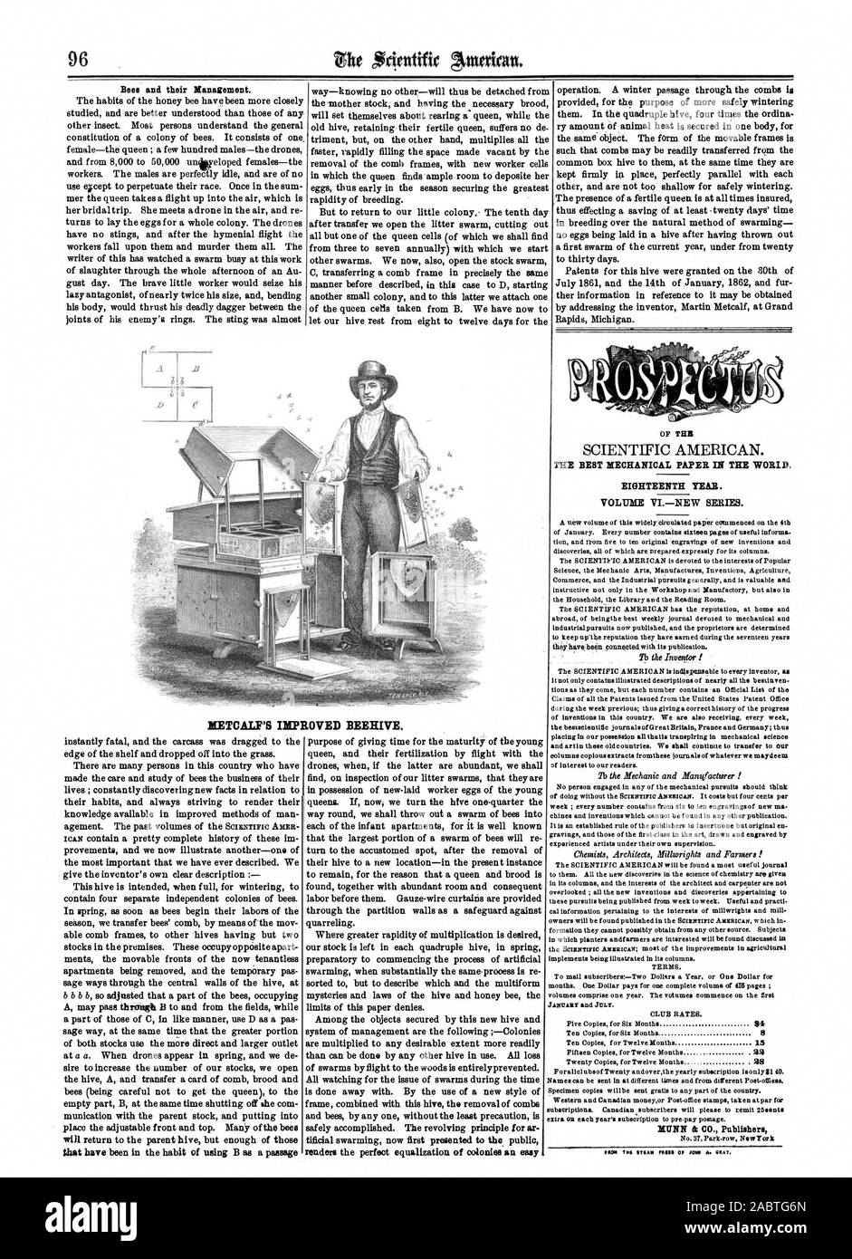 Metcalfs verbesserte Bienenstock. Dass in der Gewohnheit, mit B als Durchgang tificial Schwärmen nun erstmals der Öffentlichkeit präsentiert wurden, der perfekte Ausgleich der Kolonien macht eine einfache achtzehnten Jahr. VOLITEE VINEW SERIE. 34 8 15 22 28 MUNN & Co Verlag, Scientific American, 1862-02-08 Stockfoto