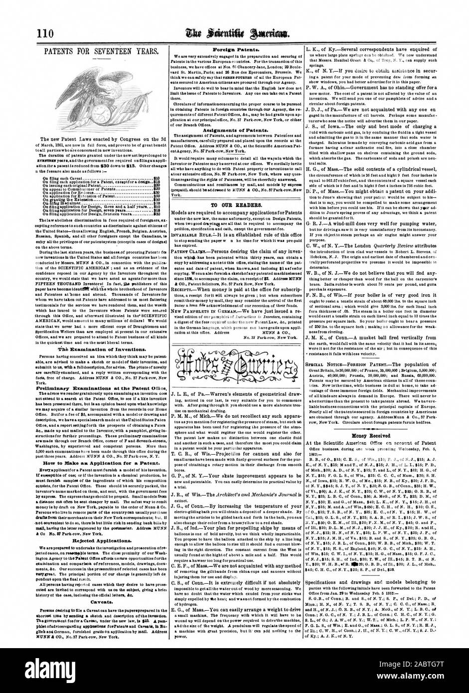 Die Prüfung von Erfindungen. Einleitende Prüfungen des Patentamts. Wie Sie eine Anmeldung für ein Patent. Abgelehnte Anträge. Ausländische Patente. Zuweisungen von Patenten. Für unsere Leser. Geld erhielt, Scientific American, 1862-02-15 Stockfoto