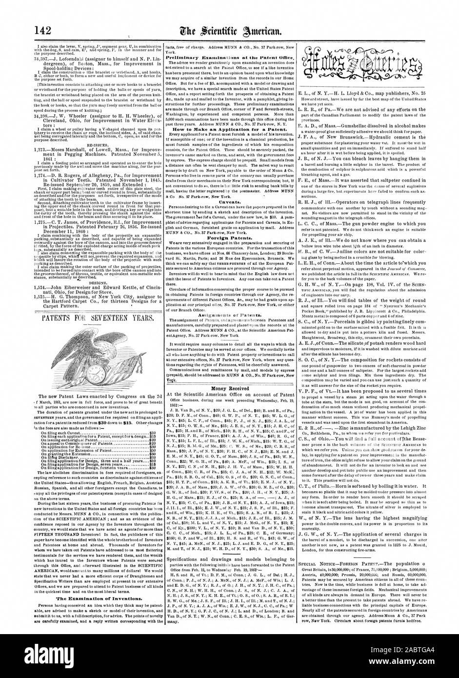 Die Prüfung von Erfindungen. Die Voruntersuchungen im Patentamt, wie Sie eine Anmeldung für ein Patent. Vorbehalte. Ausländische Patente. Zuweisungen von Patenten., Scientific American, 1862-03-01 Stockfoto