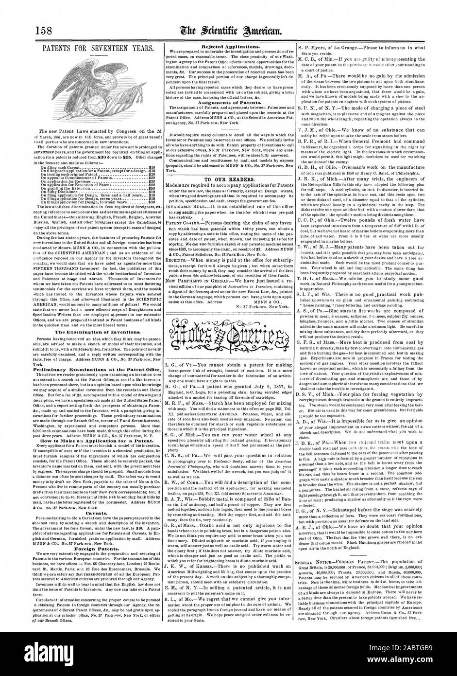 Die Prüfung von Erfindungen. Einleitende Prüfungen des Patentamts. Flow eine Anmeldung für ein Patent zu machen. Vorbehalte. Ausländische Patente. Abgelehnte Anträge. Zuweisungen von Patenten. Zu unseren Lesern., Scientific American, 1862-03-08 Stockfoto