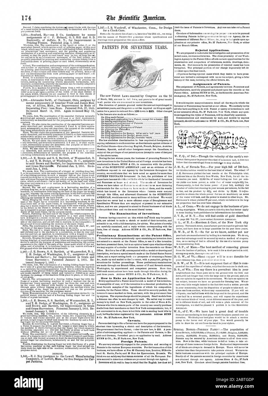 Die Prüfung von Erfindungen. Die Voruntersuchungen im Patentamt, wie Sie eine Anmeldung für ein Patent. Vorbehalte. Ausländische Patente. Abgelehnte Anträge. Zuweisungen von Patenten., Scientific American, 62-03-15 Stockfoto