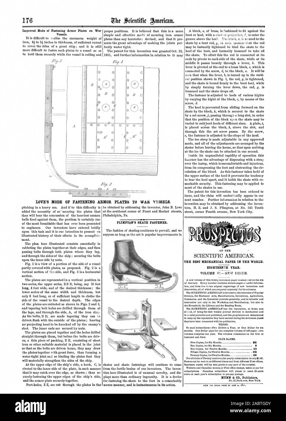 Verbesserte Modus der Befestigung Panzerplatten auf Krieg Schiffe. Durch die Adressierung der Erfinder John B. Liebe an der südöstlichen Ecke der vorderen und der Market Street Philadelphia, Pa. PLIMPTON SKATE FASTENER bezogen werden. Und der Skate ist fest mit dem Boot heel gebunden, während Straße Ecke Fourth Avenue New York City. Das beste mechanische PAPIER IN DER WELT. Achtzehnten JAHR. Band VINEW SERIE. 4 23 NUNN & Co Verlage EliON der DAMPF DRÜCKEN SIE VON JOHN A. GIST. Liebe MODUS DER BEFESTIGUNG PANZERPLATTEN ZU KRIEG SCHIFFE., Scientific American, 62-03-15 Stockfoto