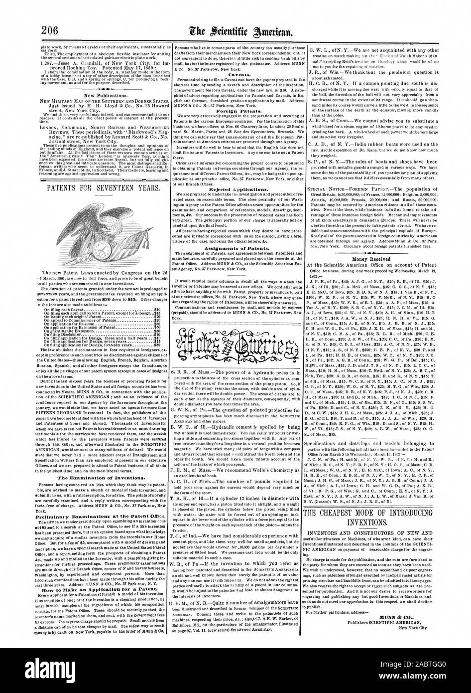 Die Prüfung von Erfindungen. Die Voruntersuchungen im Patentamt flow zu Blake eine Anmeldung für ein Patent. Vorbehalte. Ausländische Patente. Abgelehnte Anträge. Zuweisungen von Patenten. MUNN bei CO., Scientific American, 1862-03-29 Stockfoto