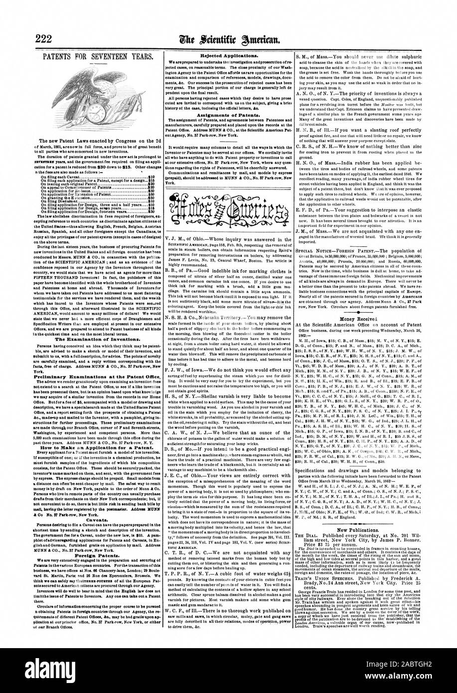 Die Prüfung von Erfindungen. Die Voruntersuchungen im Patentamt, wie Sie eine Anmeldung für ein Patent. Vorbehalte. Ausländische Patente. Abgelehnte Anträge. Zuweisungen von Patenten., Scientific American, 1862-04-05 Stockfoto