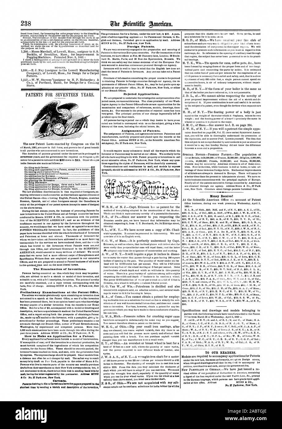 Die Prüfung von Erfindungen. Die Voruntersuchungen im Patentamt, wie Sie eine Anmeldung für ein Patent. Vorbehalte. Ausländische Patente. Abgelehnte Anträge. Zuweisungen von Patenten. Geld erhalten ZU UNSEREN LESERN., Scientific American, 1862-04-12 Stockfoto