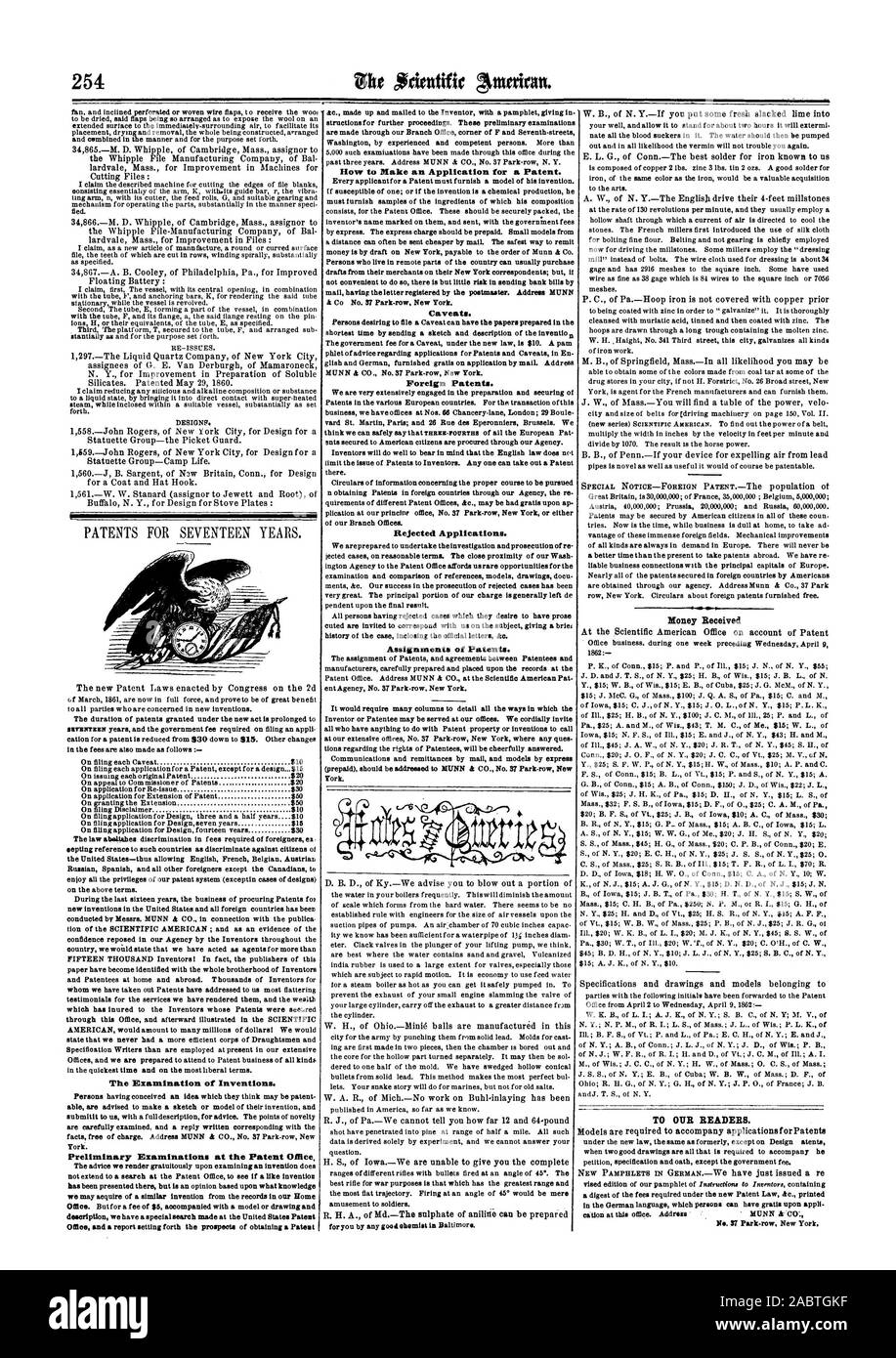 Die Prüfung von Erfindungen. Die Voruntersuchungen im Patentamt, wie Sie eine Anmeldung für ein Patent. Ausländische Patente. Abgelehnte Anträge. Zuweisungen von Patenten. Geld erhalten ZU UNSEREN LESERN., Scientific American, 1862-04-19 Stockfoto