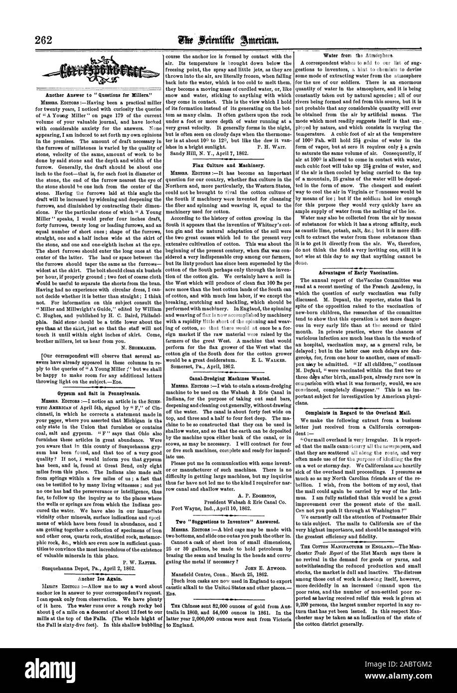 Eine andere Antwort auf 'Fragen für Miller.", Gips und Salz in Pennsylvania. Anker Eis wieder. Flachs Kultur und Maschinen. Canal-Dredging Maschinen wollte. Zwei uggestions zu Erfinder' beantwortet. Wasser aus der Atmosphäre auf. Vorteile der frühen Impfung. Beschwerden in Bezug auf die Overland Mail., Scientific American, 1862-04-26 Stockfoto