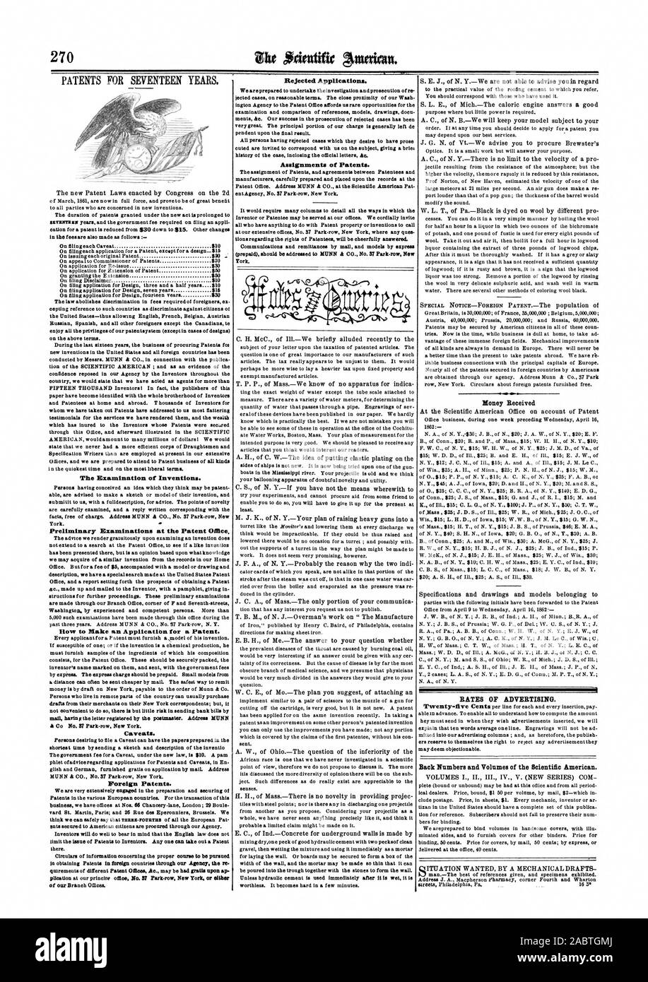 Die Prüfung von Erfindungen. Die Voruntersuchungen im Patentamt Zeile eine Anmeldung für ein Patent zu machen. Vorbehalte. Ausländische Patente. Abgelehnte Anträge. Zuweisungen von Patenten. Zurück Zahlen und Mengen des Scientific American., 1862-04-26 Stockfoto