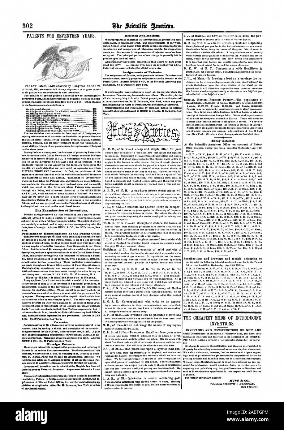 Die Prüfung von Erfindungen. Die Voruntersuchungen im Patentamt, wie Sie eine Anmeldung für ein Patent. Vorbehalte. Ausländische Patente. Der oar-Zweig Mem. Abgelehnte Anträge. Zuweisungen von Patenten. Geld erhielt MUNN ds CO. Neue Ycirk Nip, Scientific American, 1862-05-10 Stockfoto