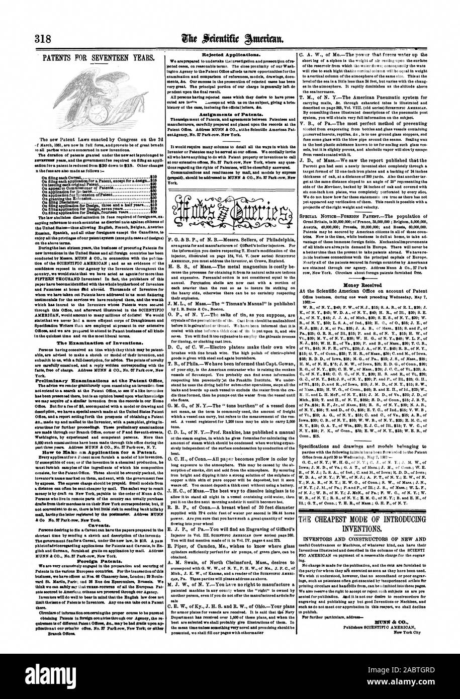 Die Prüfung von Erfindungen. Die Voruntersuchungen im Patentamt, wie Sie eine Anmeldung für ein Patent. Vorbehalte. Ausländische Patente. Niederlassungen. Abgelehnte Anträge. Zuweisungen von Patenten. Geld erhielt die neue Patentgesetze von Kongress am 2 cl, Scientific American, 1862-05-17 Stockfoto